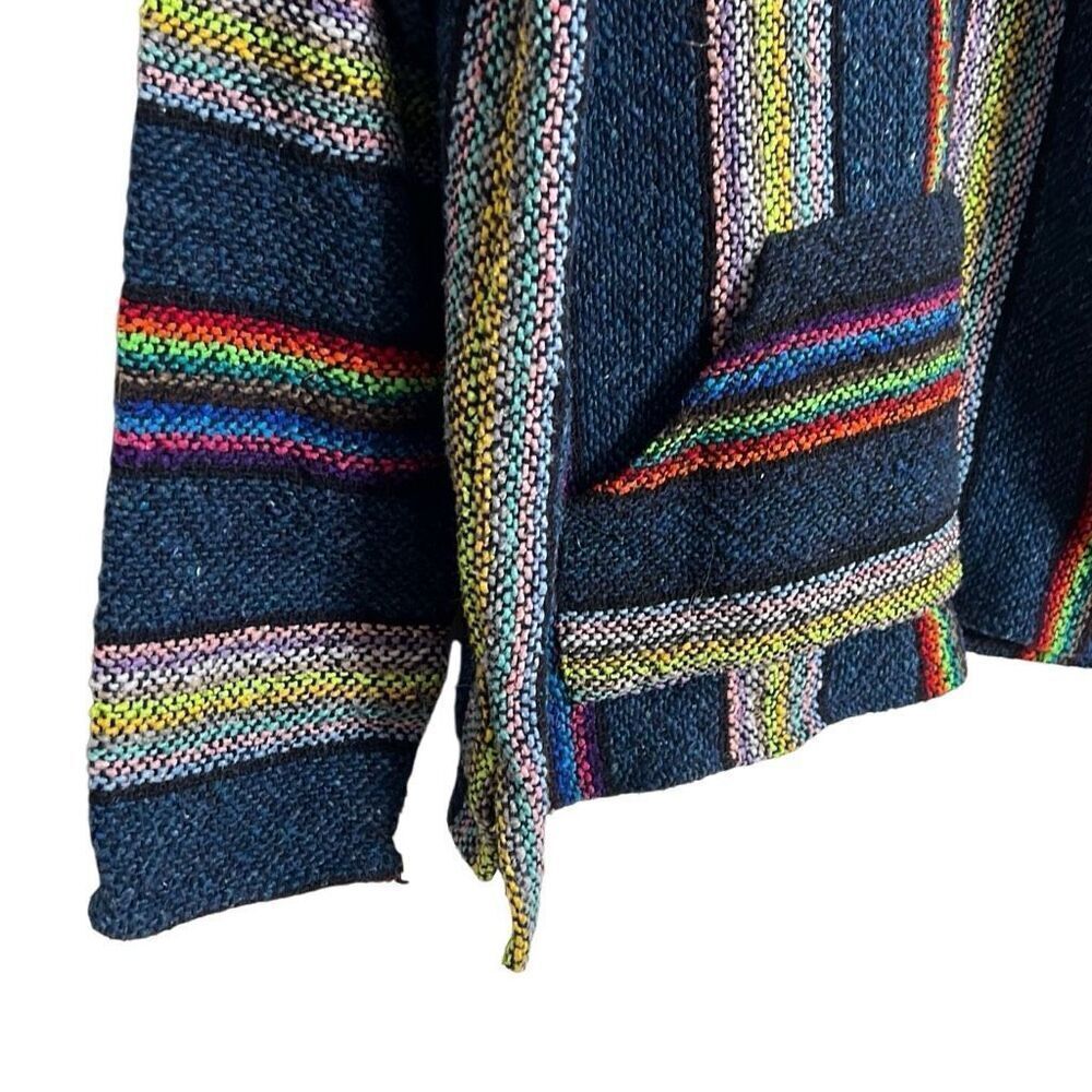 Art Maz Knit Baja Hoodie Mexican Pullover Poncho Sweater Black Yellow Size Large - Picture 5 of 7